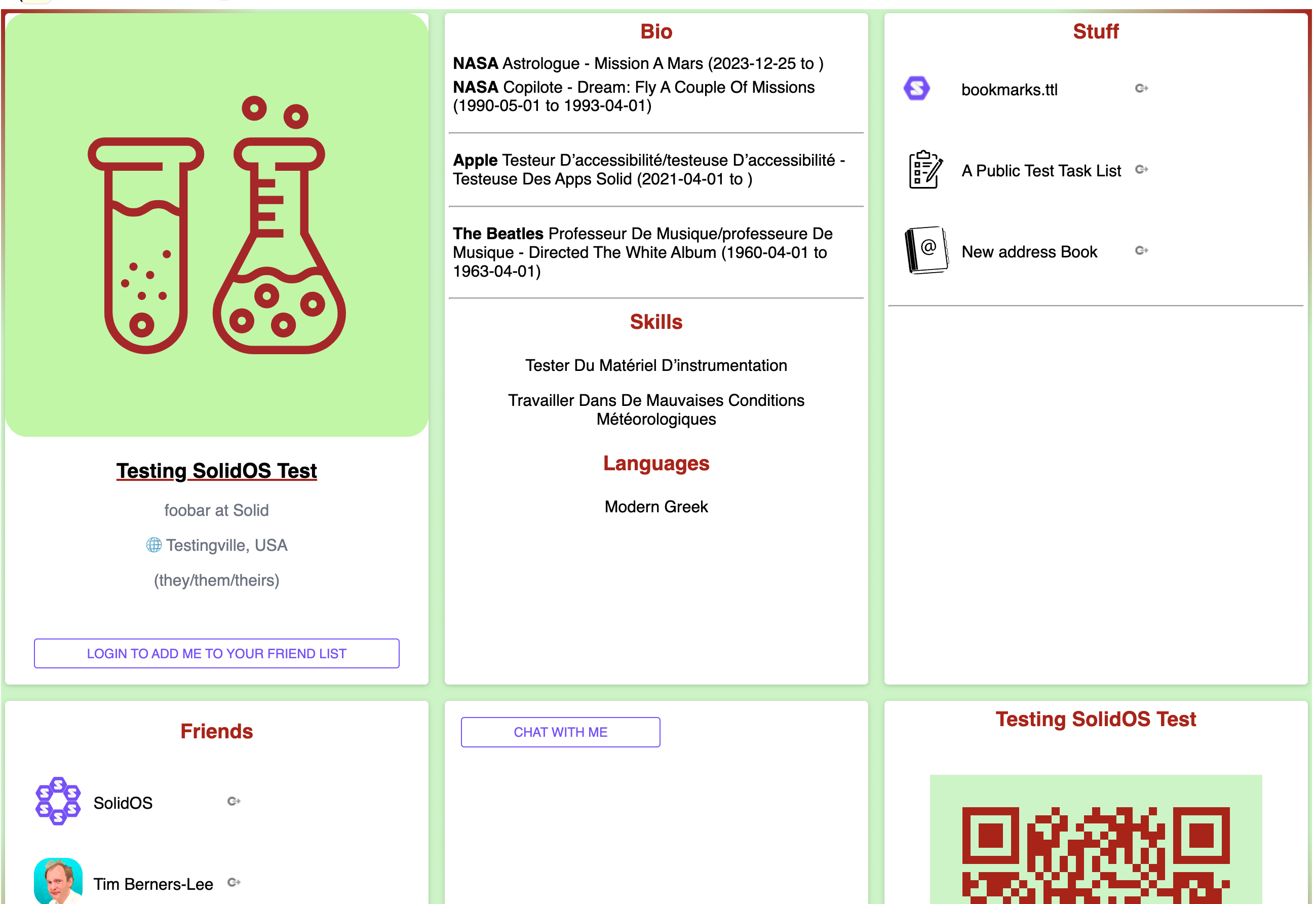 Six phone-sized cards, name, picture, contact info, CV, skills, languages; friends; Stuff, QRCode.