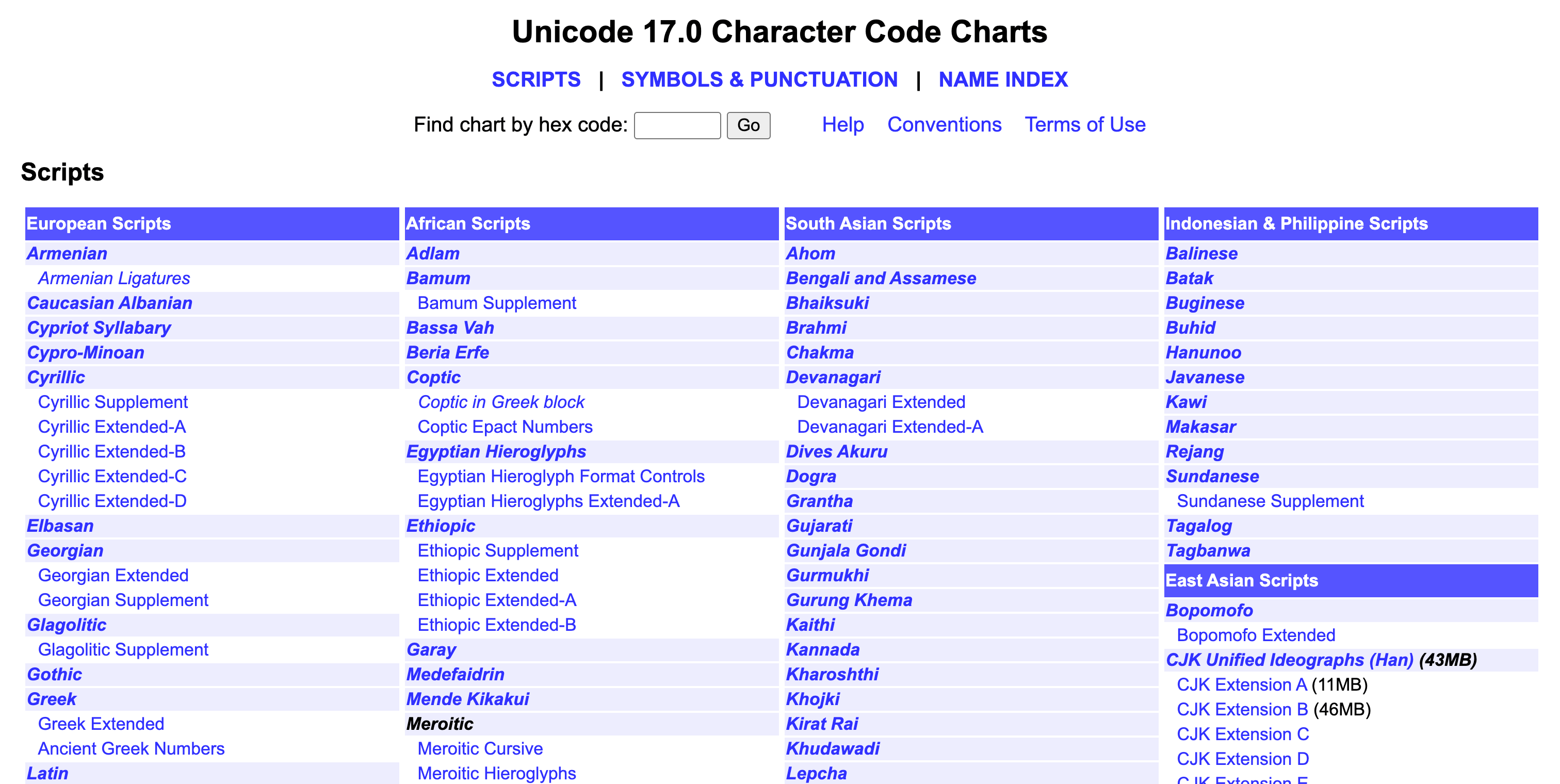 Screenshot of Unicode script blocks