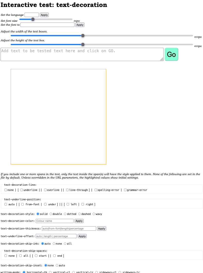 Screenshot of a test rig page with controls for language, font, and text direction, and a display area.