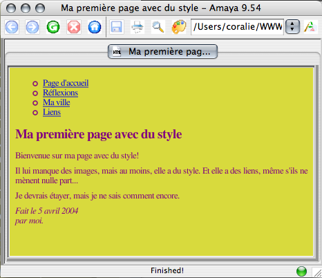 Capture d'écran de la page colorée dans Amaya