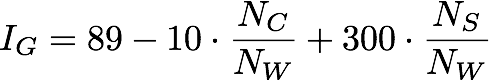I G equals: 89 minus, 10 times N C over N W, plus 300 times N S over N W