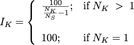 if N K is greater than 1, then I K equals the fraction having 100 as numerator, and the difference between N K over N S, and 1, as denominator. If N K equals 1, then I K equals 100