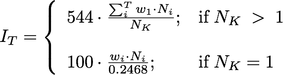 if N K is greater than 1, then i T equals 544 multiplied by a fraction; the numerator is summation for i from 1 to T of w i times N i, the denominator is N K. If N K equals 1, then I T equals 100 multiplied by a fraction, the numerator is w i times N i, the denominator is 0.2468