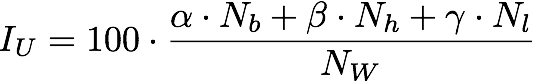 I U equals 100 multiplied by a fraction, the numerator is alpha times N b, plus beta times N h, plus gamma times N l; the denominator is N W