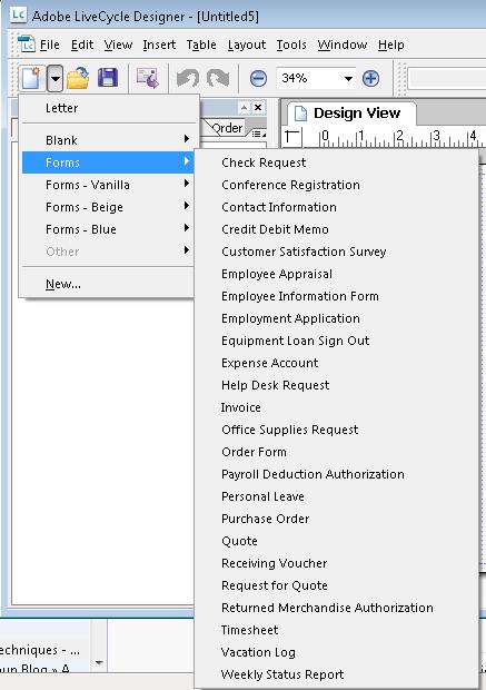 LiveCycle Designer: list of form templates.
