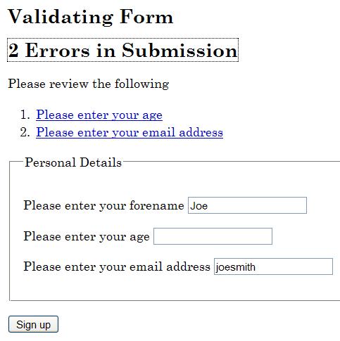 Screenshot showing the error messages for several fields that were not filled out correctly. Error messages appear as a list of links near the top of the form.